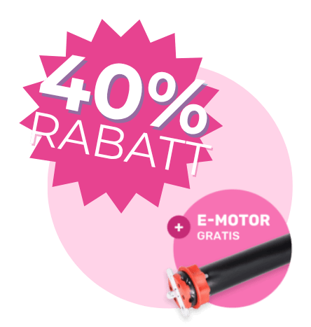 Rosafarbener Sternenhimmel mit dem Text "40% Rabatt" und dem Bild eines Motorrohrs sowie "E-Motor Gratis" in einem rosa Kreis.
