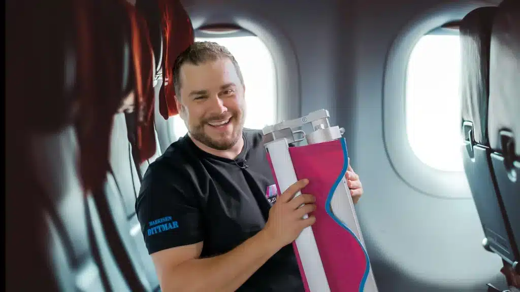 Ein Mann lächelt in einem Flugzeug und hält ein gefaltetes rosa und blaues Reiseutensil in der Hand.