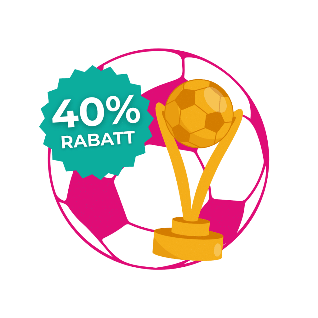 Eine goldene Fußballtrophäe und ein "40% Rabatt"-Abzeichen vor einem rosa-weißen Fußball.