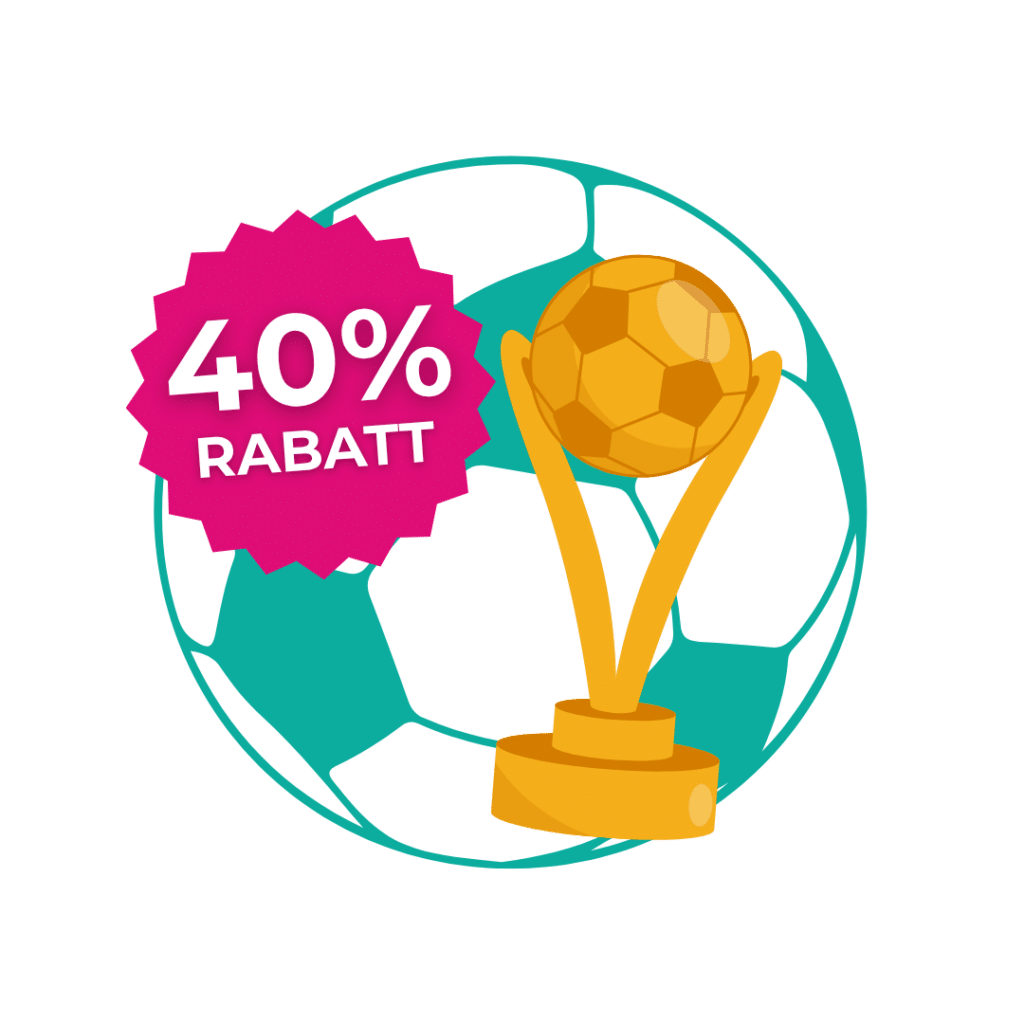 Goldene Fußballtrophäe mit einem rosafarbenen Abzeichen mit der Aufschrift "40% Rabatt" vor einem blaugrünen und weißen Fußball.