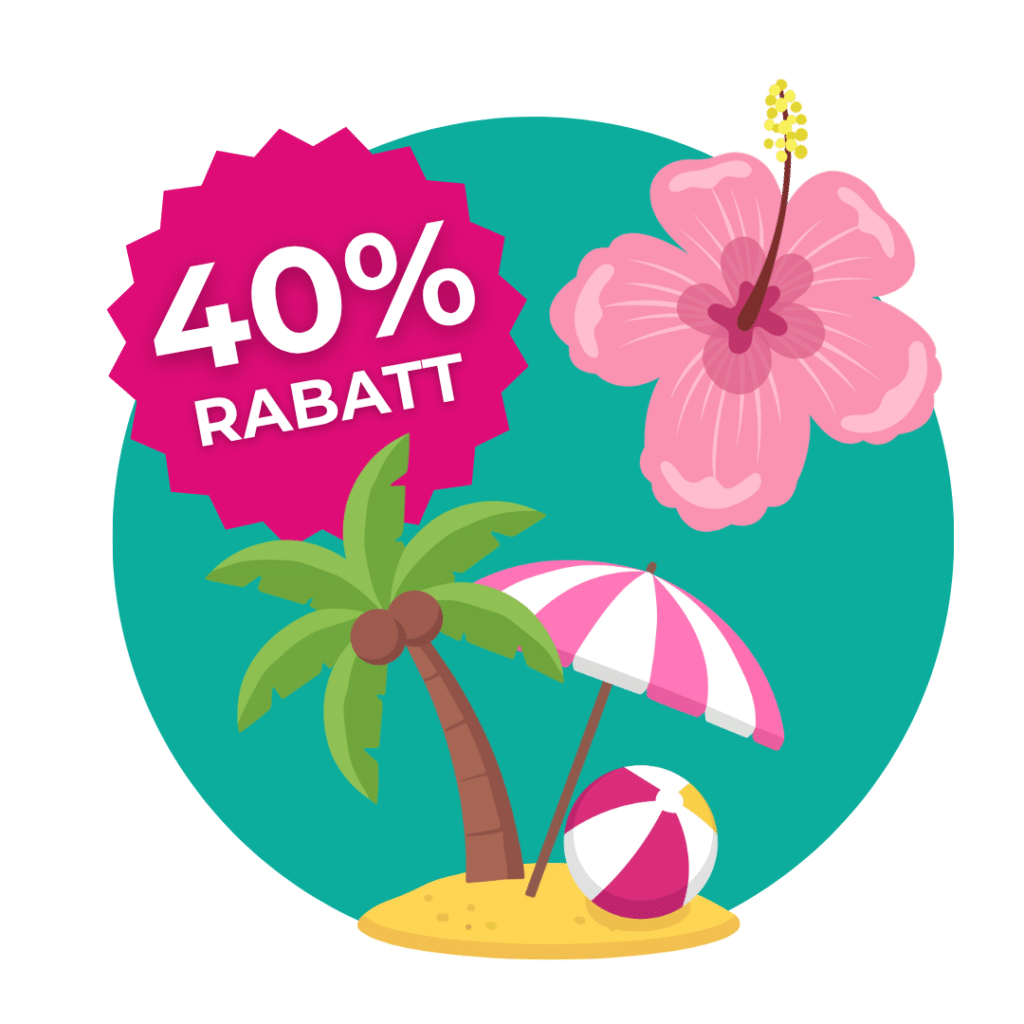 Rosa „40 % Rabatt“-Abzeichen, tropische Blume, Palme, Sonnenschirm und Strandball auf einer Insel.